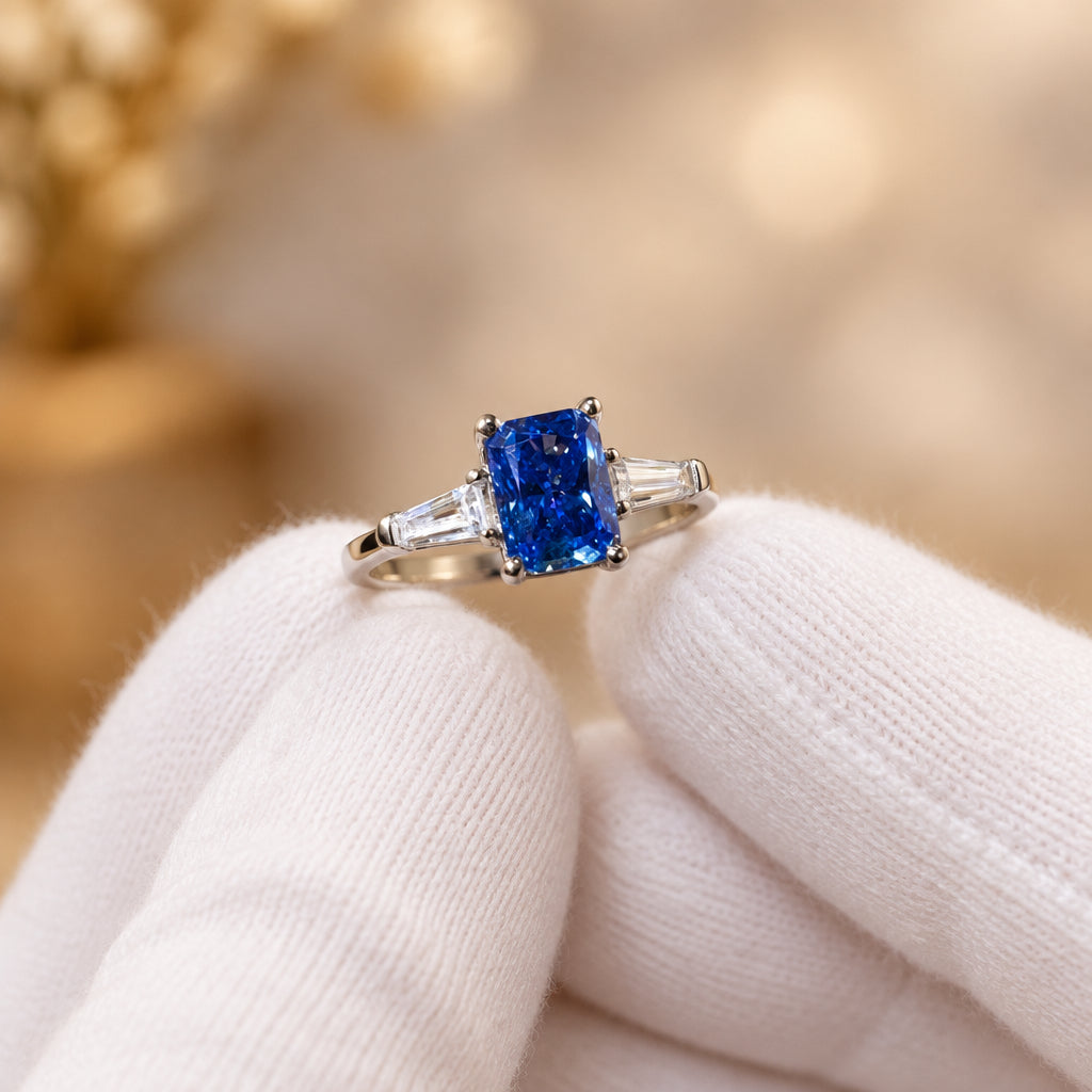 1 Carat Moissanite Ring Lucia - Blue Rectangle Ring Women's Ring Velanci