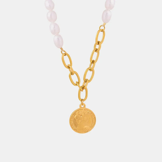 Pearl Coin Pendant Necklace - Gold Plated Titanium Chain Velanci