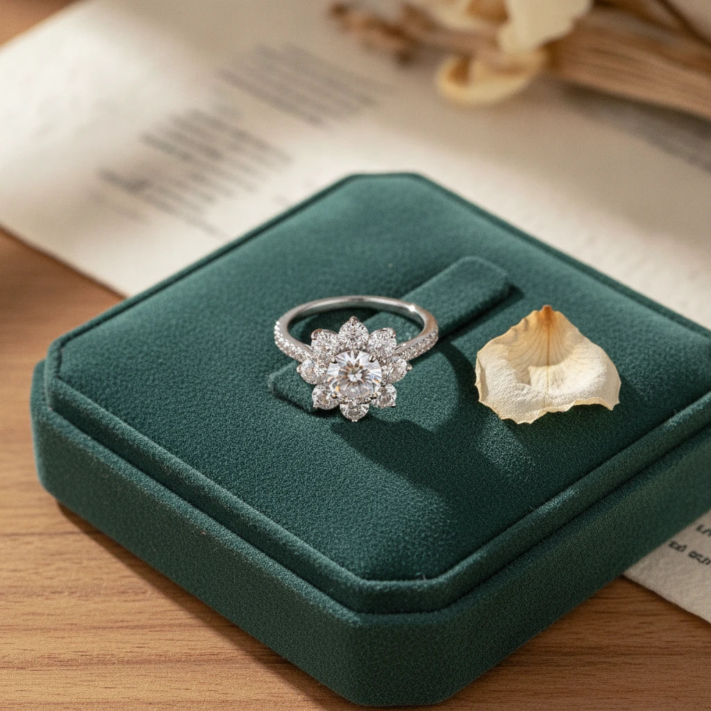 1 Carat Moissanite Flower Ring Sofia - Petal Halo Shine Women's Ring Velanci