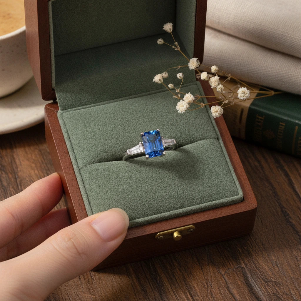 1 Carat Moissanite Ring Lucia - Blue Rectangle Ring Women's Ring Velanci