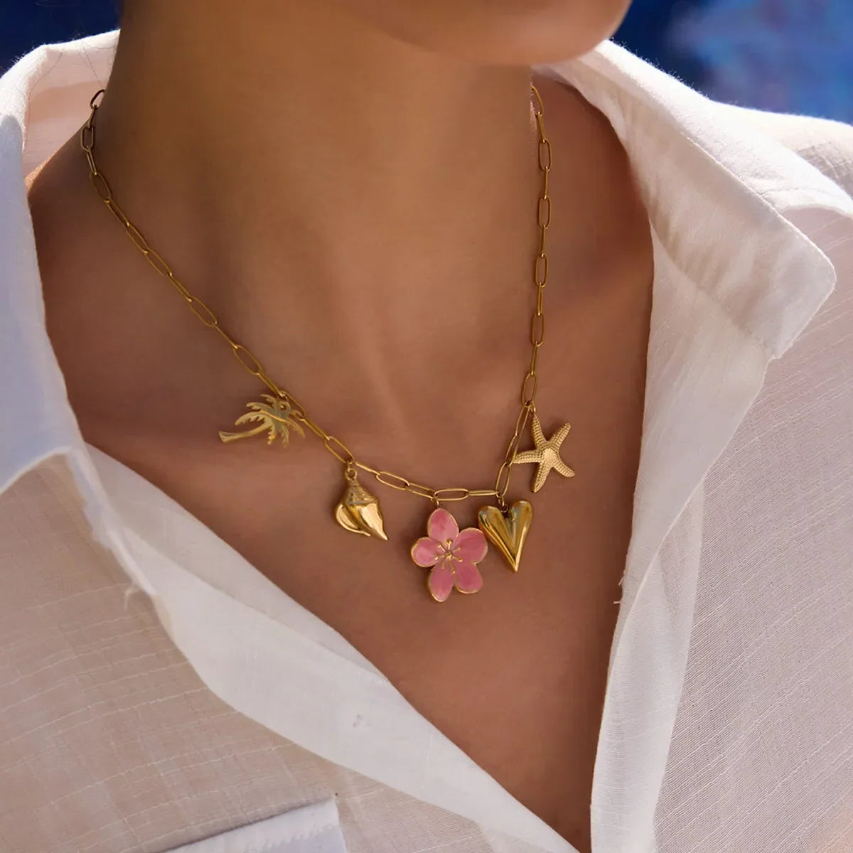 Coastal Beach Pendant Necklace - Pink Resin Flower Charm Velanci