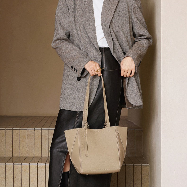 Elegant Camel Textured Leather Shoulder Tote