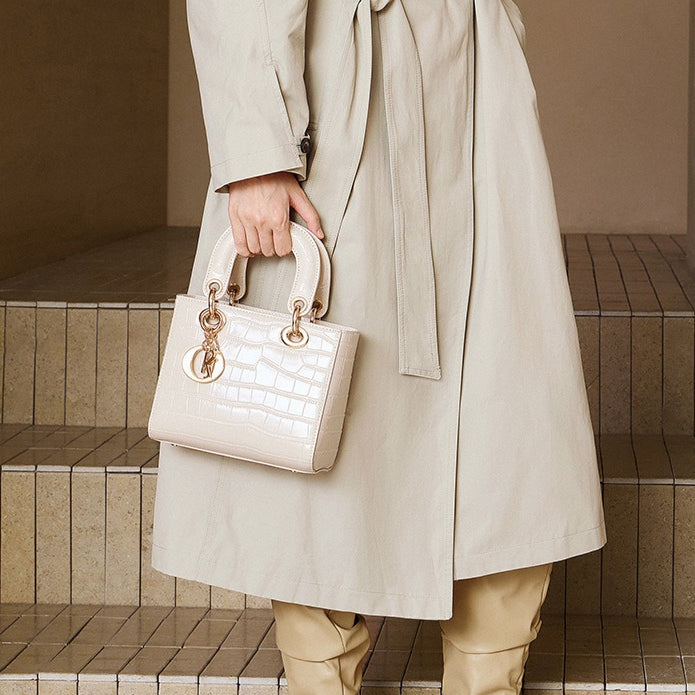 Croc-Embossed Genuine Leather Top-Handle Bag in Creamy White and Black