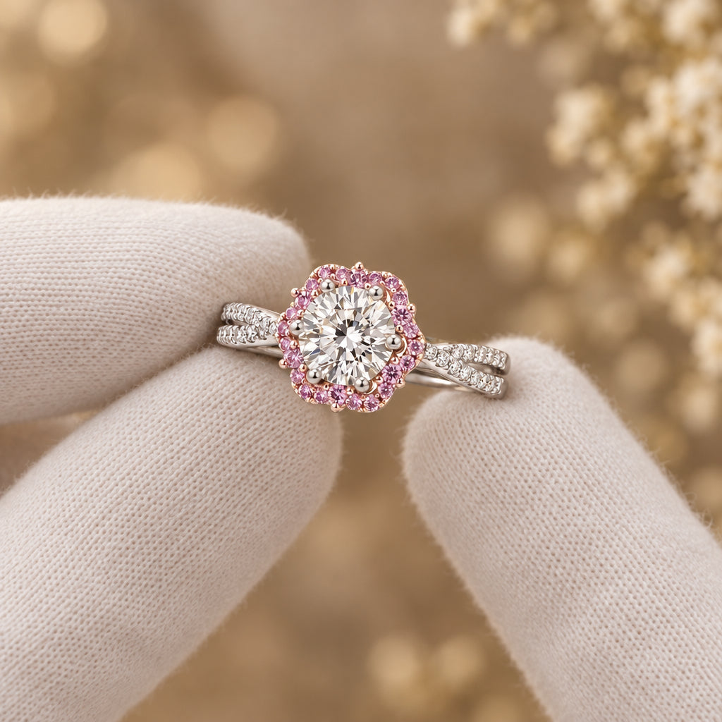 A silver halo ring with a round-cut clear center stone and a border of pink gemstones, displayed on a green velvet ring box.