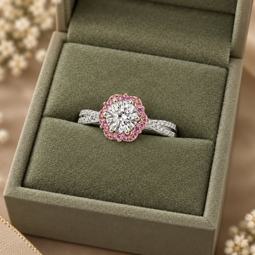 A silver halo ring with a round-cut clear center stone and a border of pink gemstones, displayed on a green velvet ring box.