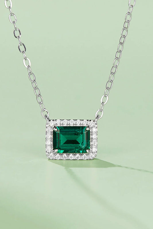 Lab-Grown Emerald Rectangle Pendant Necklace - Halo Zircons Velanci