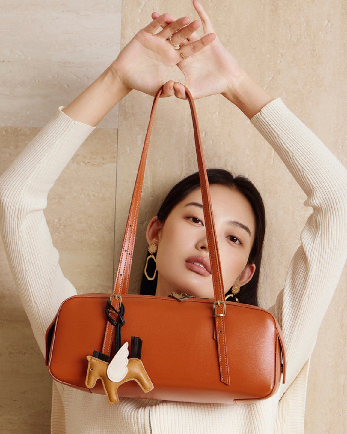 Genuine Leather Retro Bowling Bag with Horse Charm