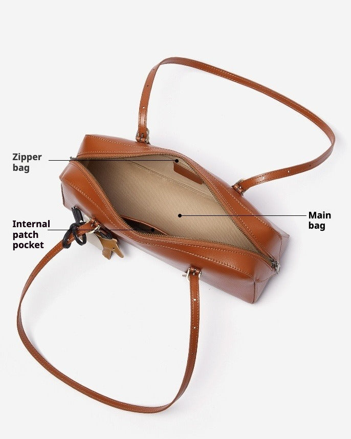 Genuine Leather Retro Bowling Bag with Horse Charm