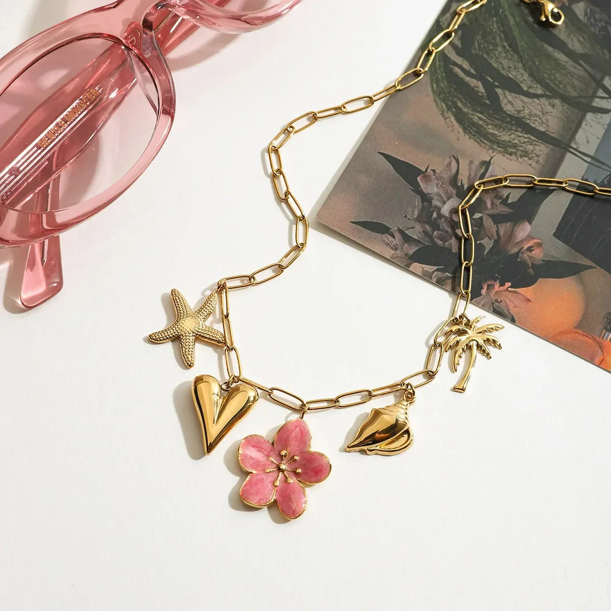 Coastal Beach Pendant Necklace - Pink Resin Flower Charm Velanci