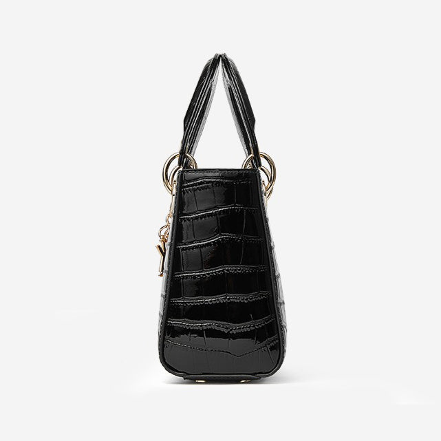 Croc-Embossed Genuine Leather Top-Handle Bag in Creamy White and Black