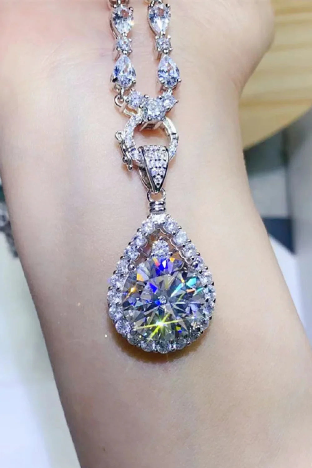 Platinum-Plated Moissanite Teardrop Pendant Necklace Velanci