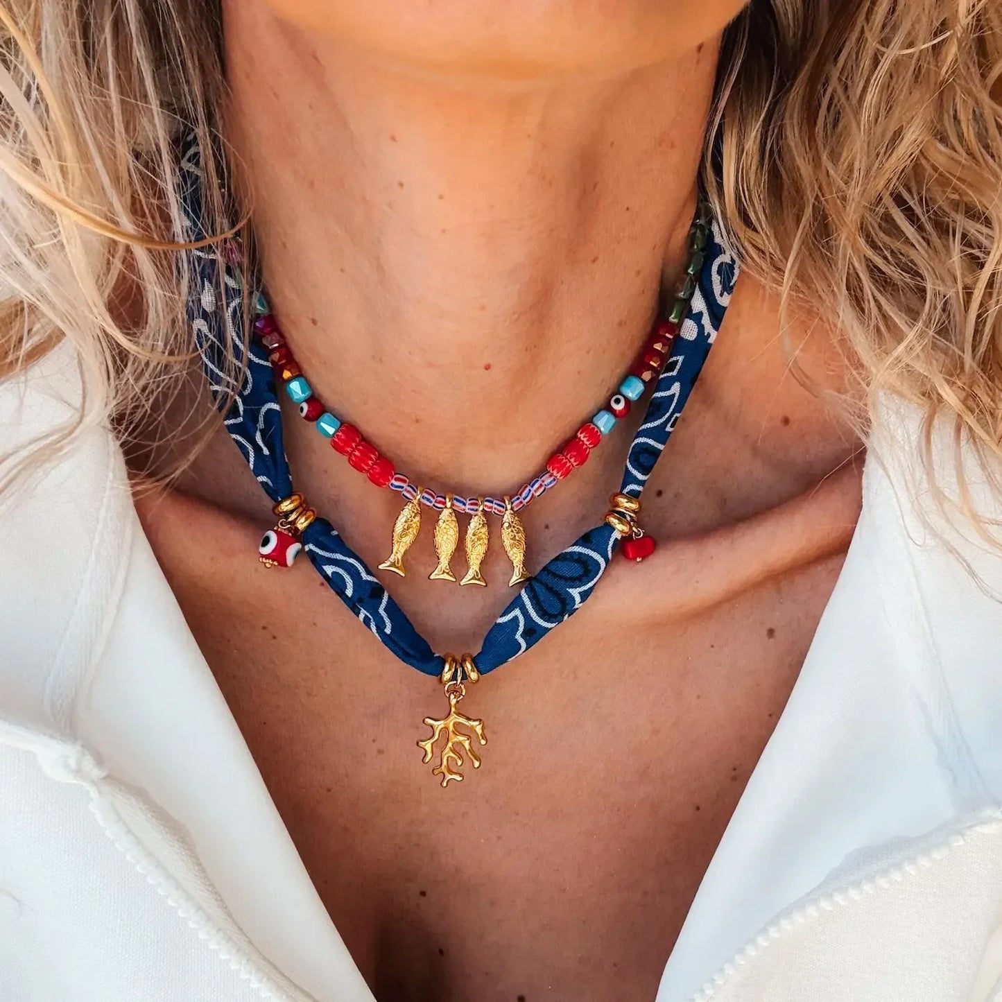 Coral And Fish Pendant Necklace - Gold Plated Coastal Charm Velanci