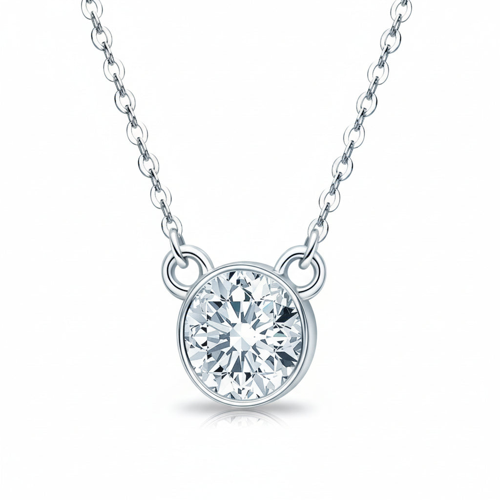 Moissanite 1Ct Pendant Necklace - Bezel Set Sterling Silver Velanci