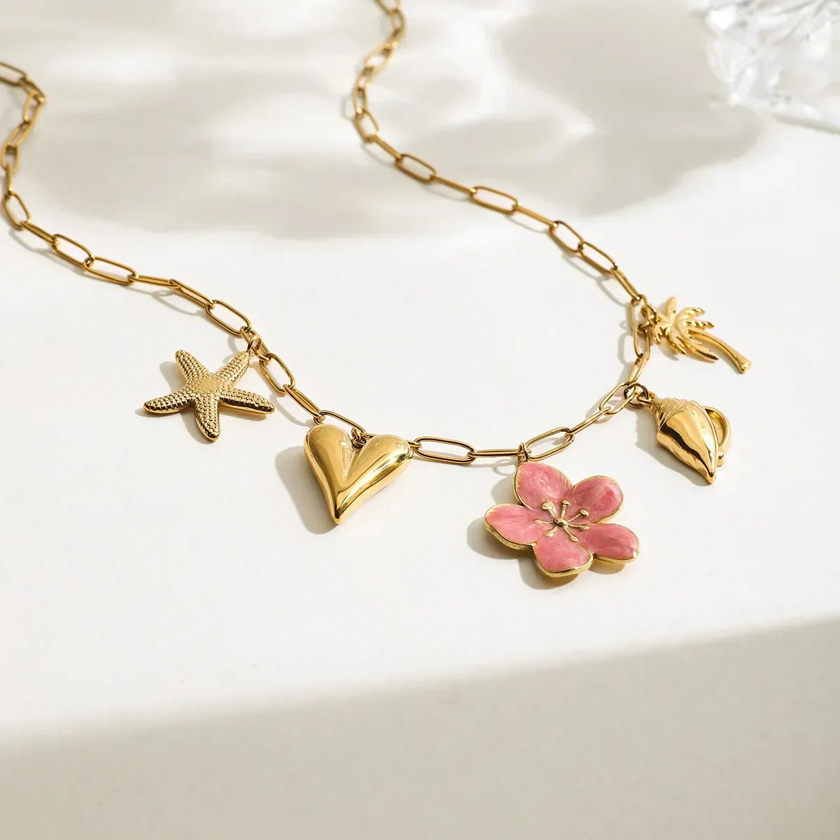 Coastal Beach Pendant Necklace - Pink Resin Flower Charm Velanci