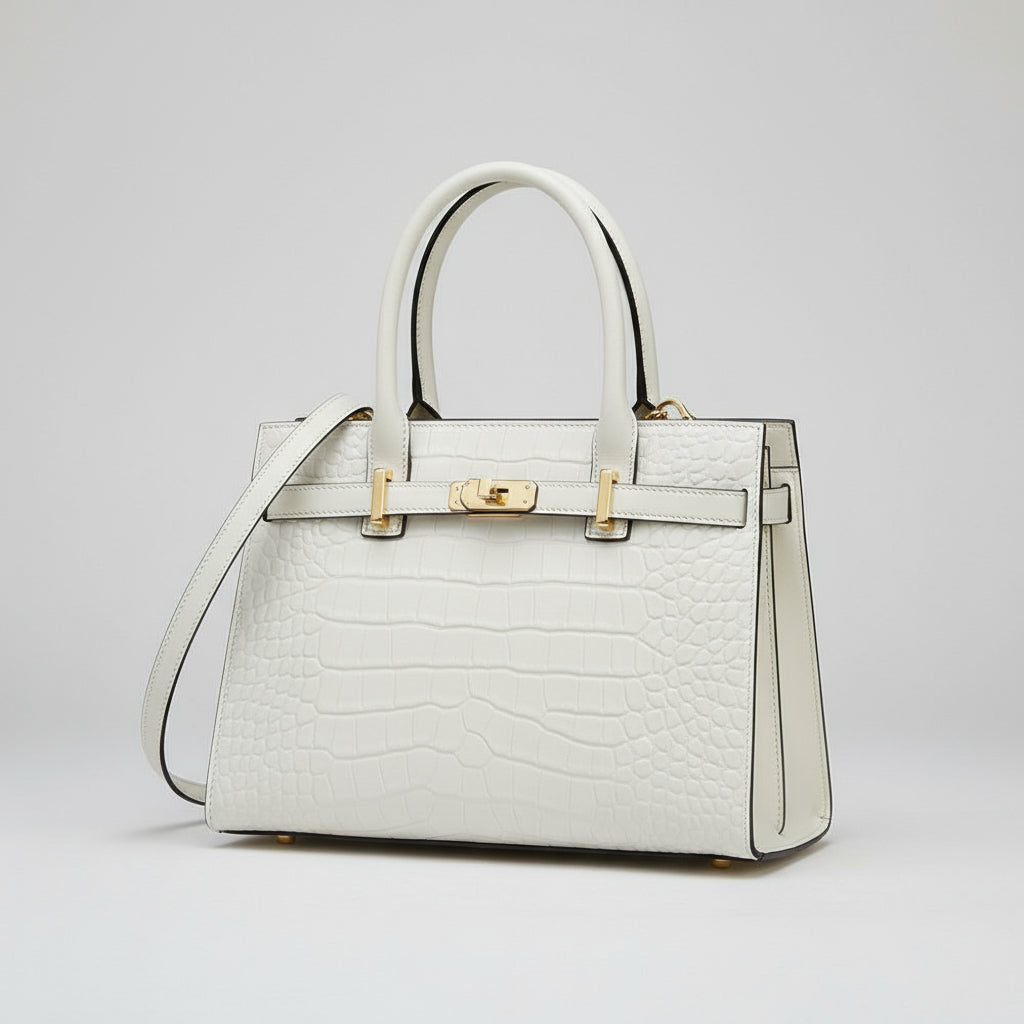 White handbag with gold accents held by a person wearing a plaid coat.