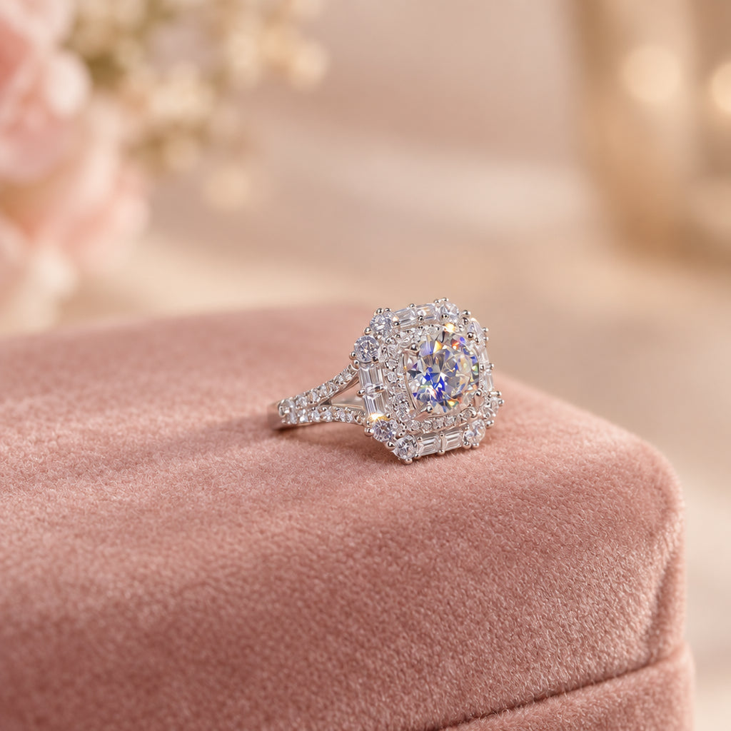 1 Carat Moissanite Ring Sofia - Halo Shimmering Band Women's Ring Velanci