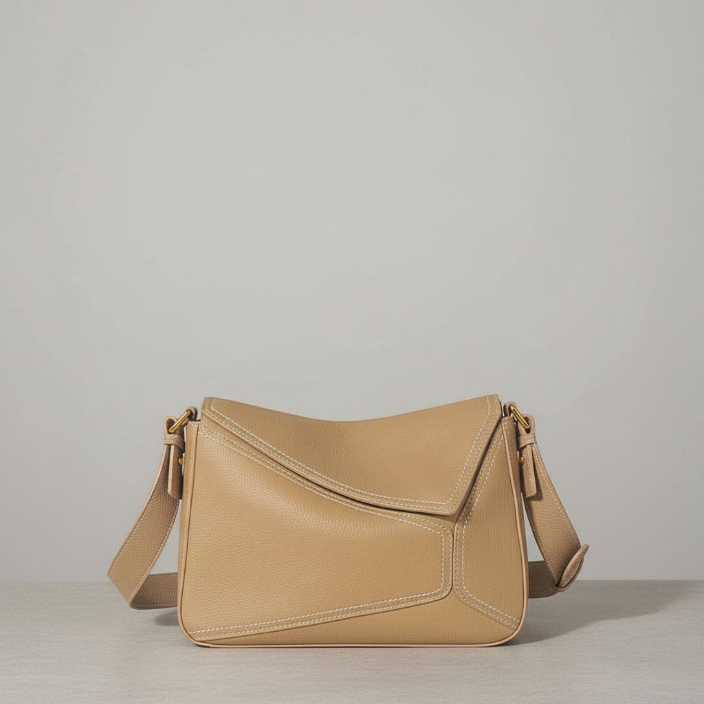Beige handbag on a white surface with a neutral background