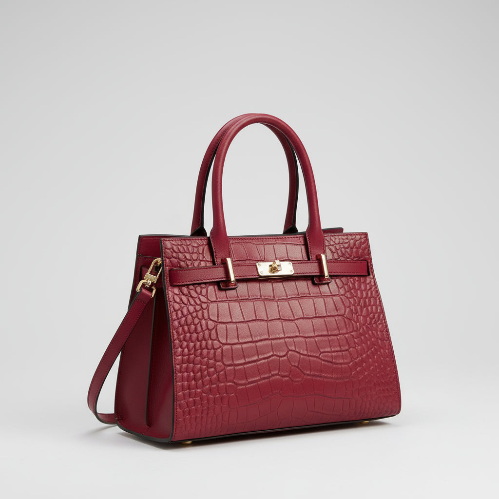 Red handbag with gold accents held by a person wearing a brown coat.