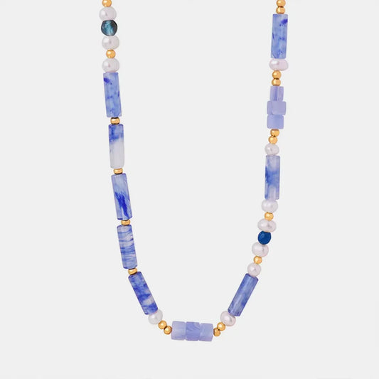 Geometric Pearl Necklace - Blue Chalcedony Pendant Velanci