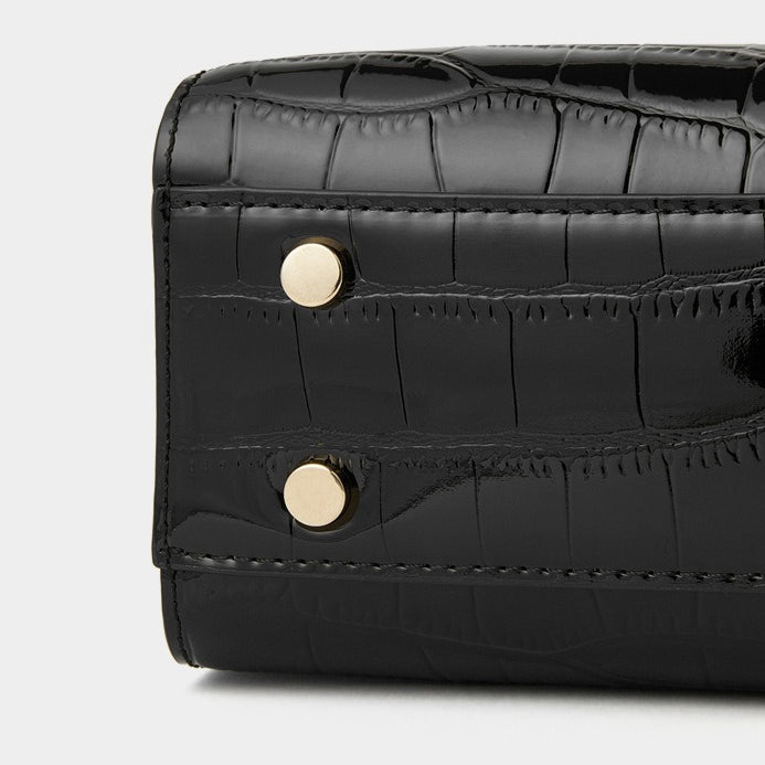 Croc-Embossed Genuine Leather Top-Handle Bag in Creamy White and Black