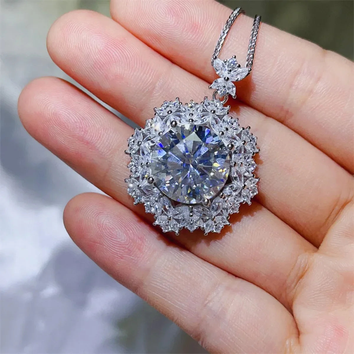 Moissanite Halo Platinum-Plated Sterling Silver Necklace Velanci