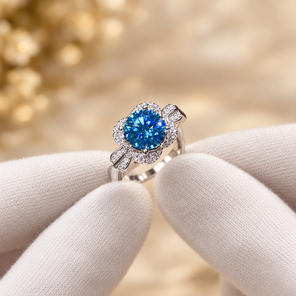 1 Carat Moissanite Sterling Silver Ring Giovanna - Blue Halo Women's Ring Velanci