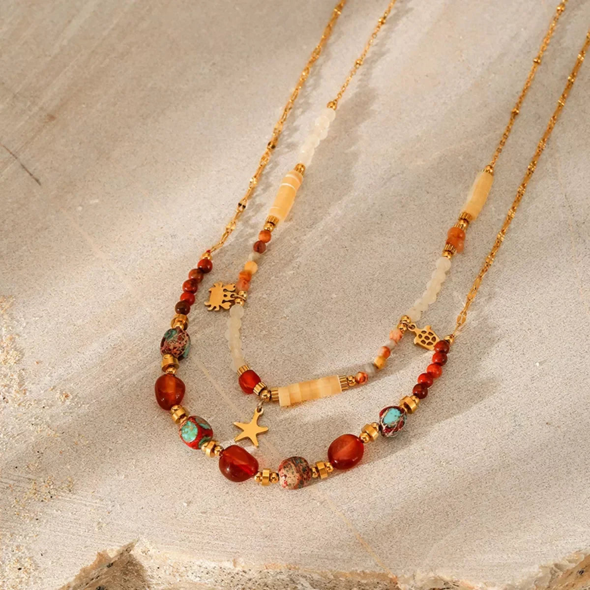 Two-Piece Set Necklace - 18K Gold-Plated Natural Stone Beads Velanci
