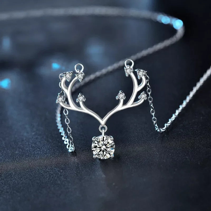 Moissanite Deer Antler Necklace - Sterling Silver Shine Velanci