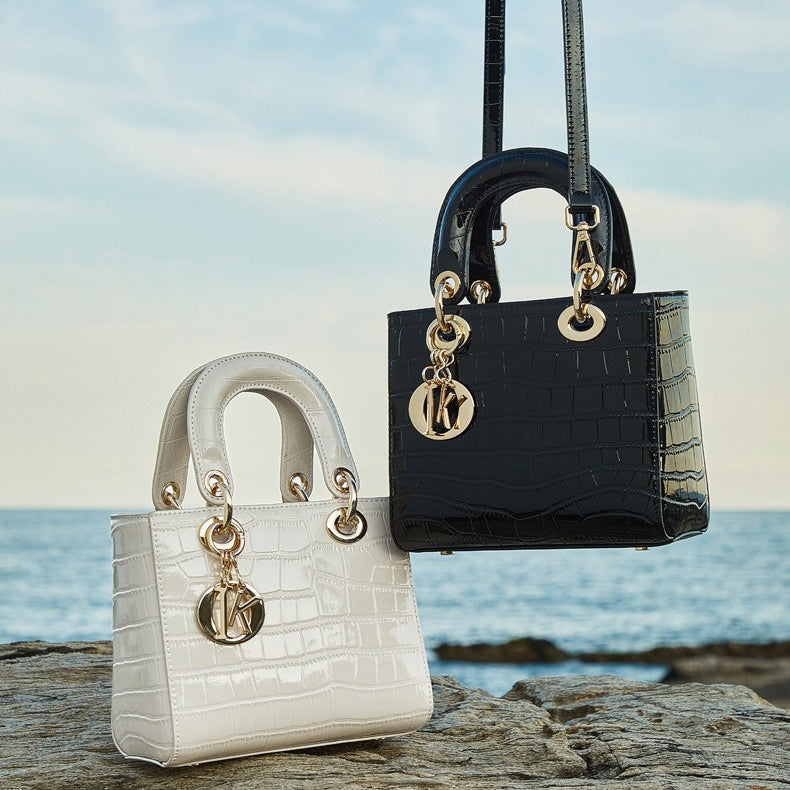 Croc-Embossed Genuine Leather Top-Handle Bag in Creamy White and Black