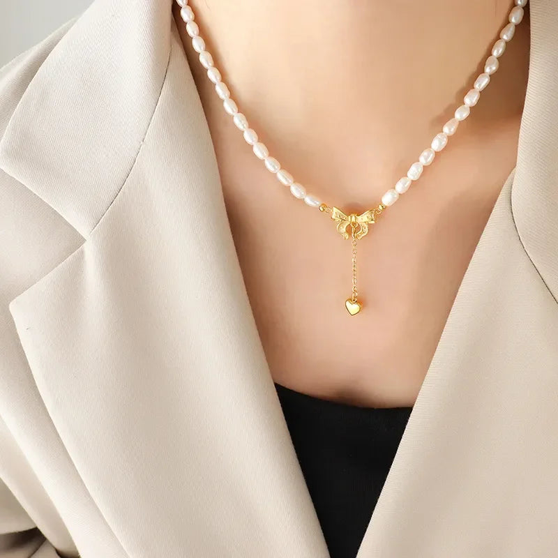 Hypoallergenic Freshwater Pearl Heart Necklace Titanium Steel Velanci