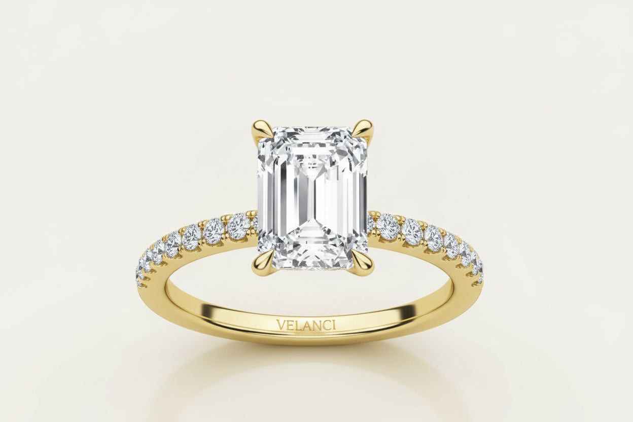 Emerald Cut Ring Aurelia - Womens Ring With 3.9ct Center Stone Sparkle, 18K Gold-Plated Over 925 Silver Velanci