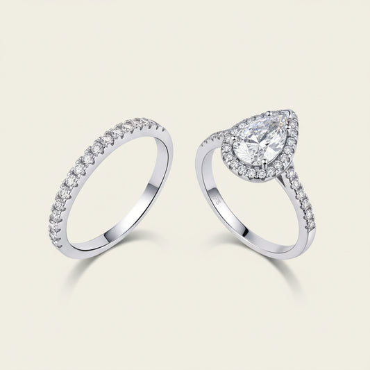 Halo Wedding Set Giulia - Sterling Silver Rhodium-Plated Pear-Cut Halo Centerpiece Velanci