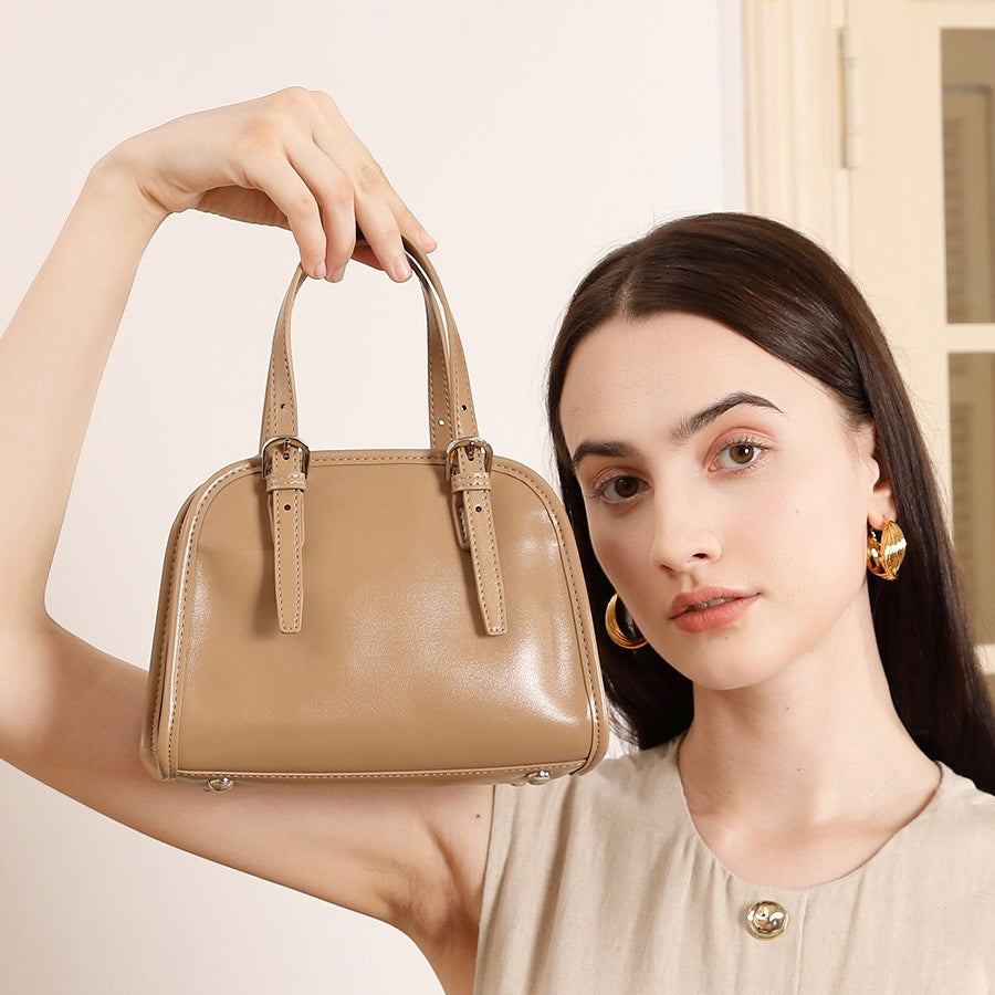 Elegant Genuine Leather Bowling Commuter Clutch Bag