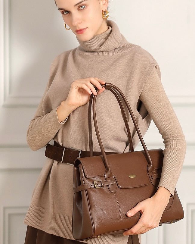 Vintage Luxe Leather Handbag with Buckle Accents