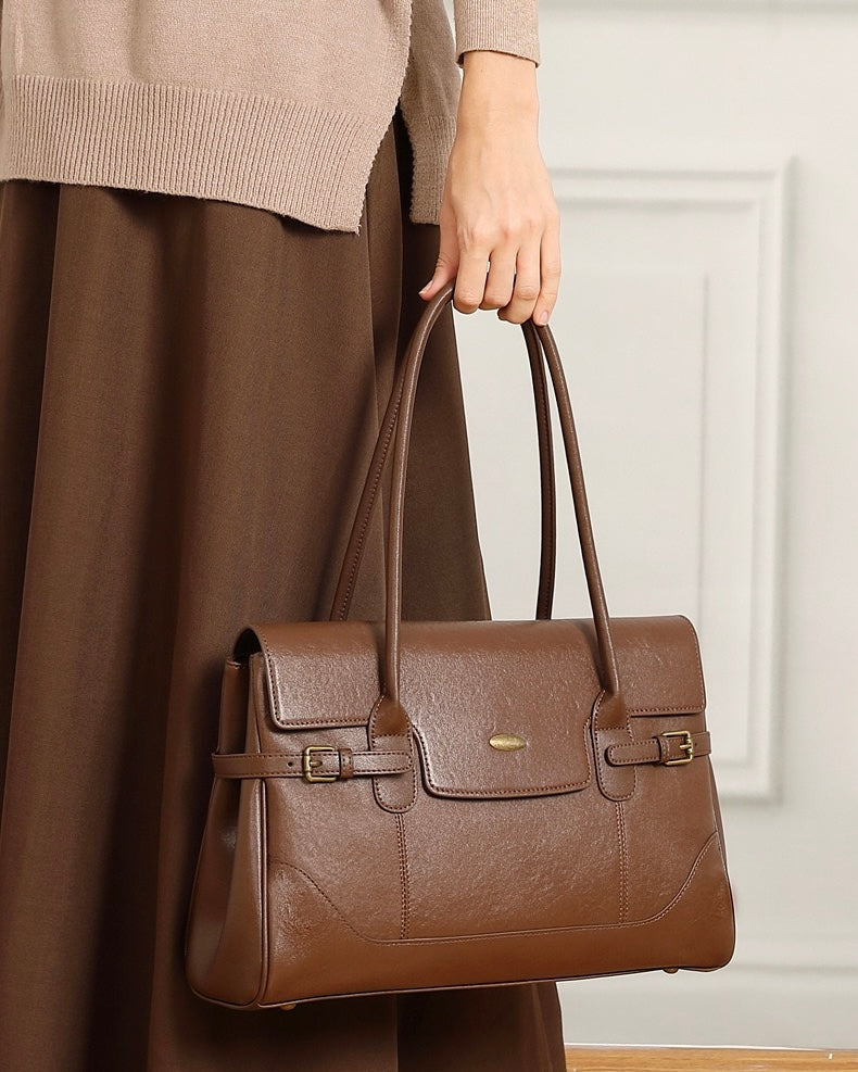 Vintage Luxe Leather Handbag with Buckle Accents
