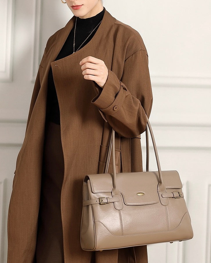 Vintage Luxe Leather Handbag with Buckle Accents