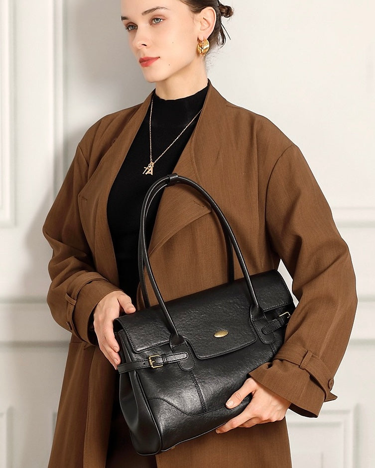 Vintage Luxe Leather Handbag with Buckle Accents