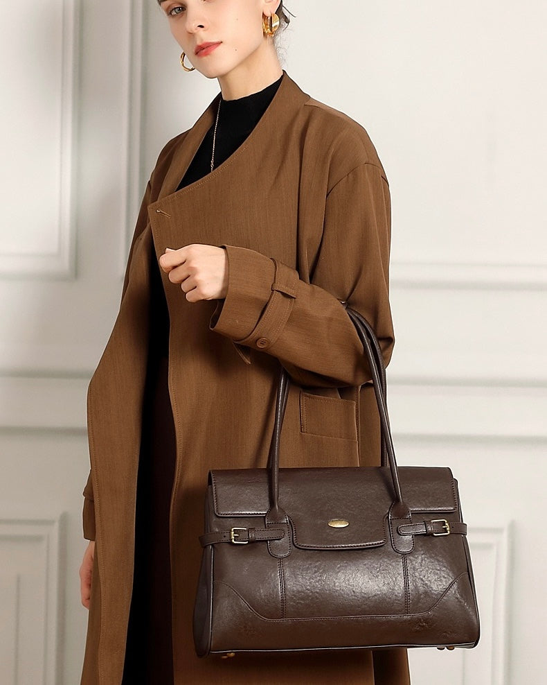 Vintage Luxe Leather Handbag with Buckle Accents