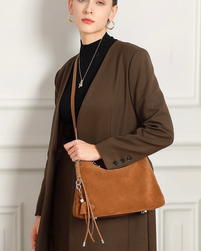 Suede Luxe Hobo Bag with Braided Elegance and Tassel Charm