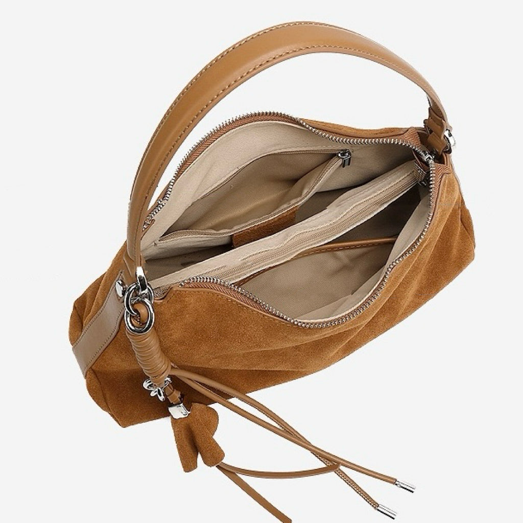 Suede Luxe Hobo Bag with Braided Elegance and Tassel Charm