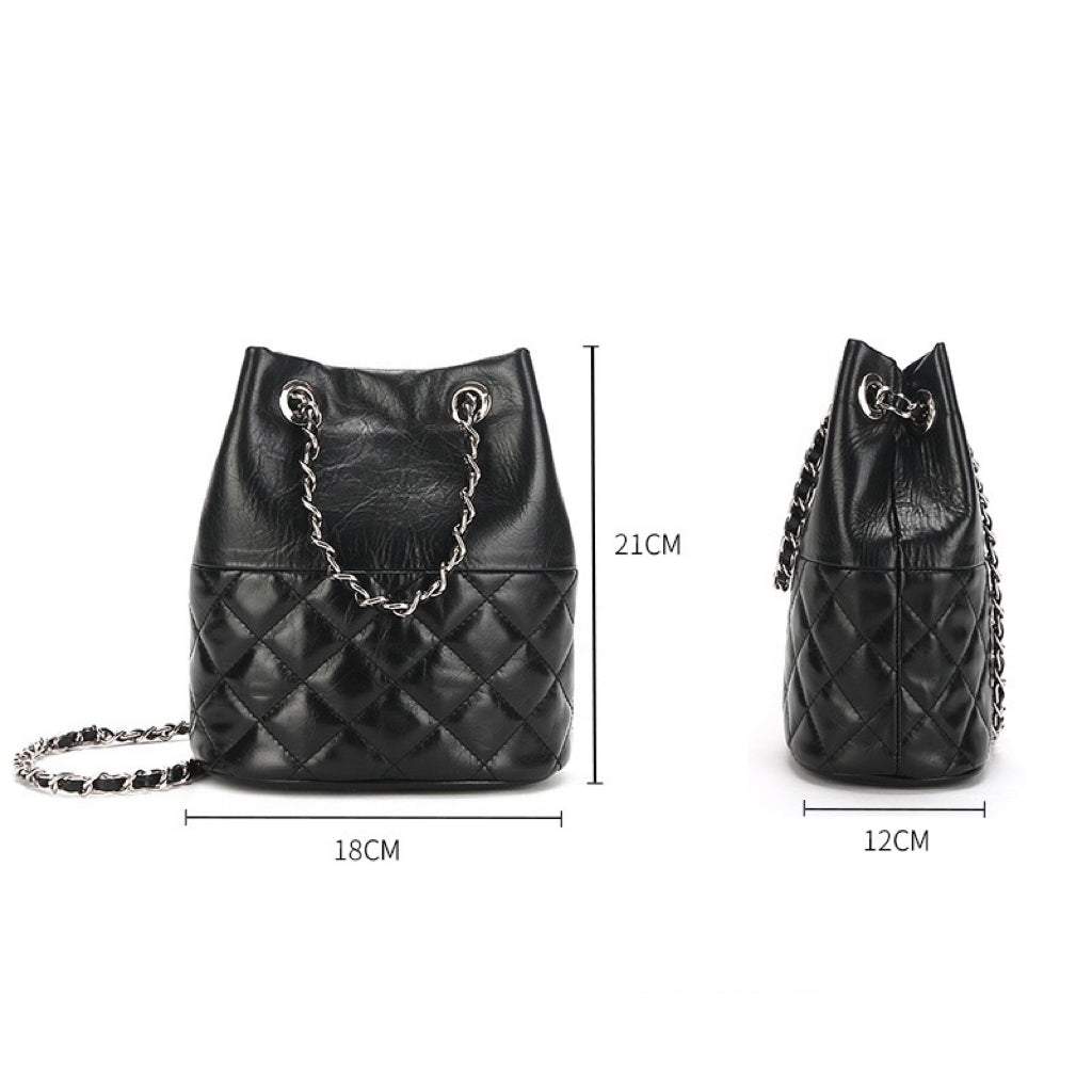 Quilted Genuine Leather Chain Bucket Bag for Elevated Style