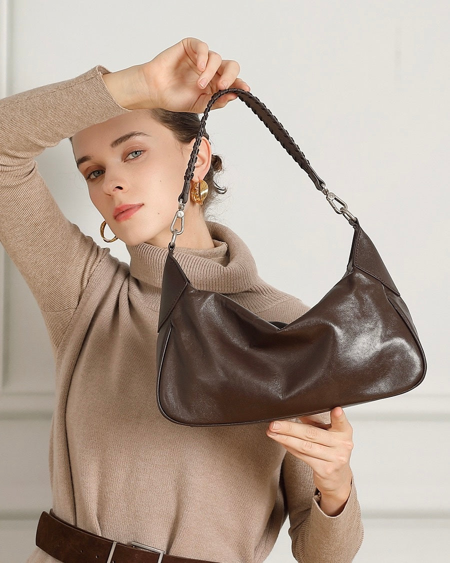 Braided-Handle Genuine Saddle Leather Hobo Bag for Refined Elegance