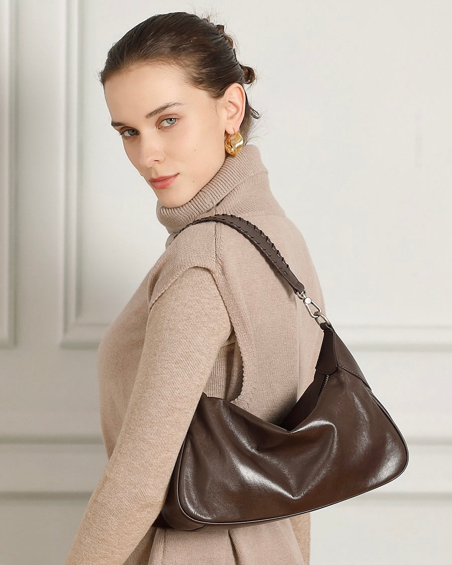 Braided-Handle Genuine Saddle Leather Hobo Bag for Refined Elegance