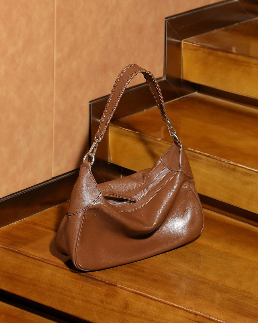 Braided-Handle Genuine Saddle Leather Hobo Bag for Refined Elegance