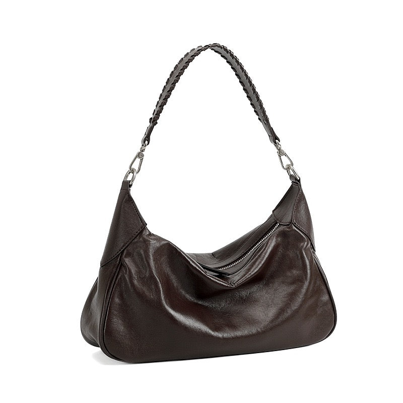 Braided-Handle Genuine Saddle Leather Hobo Bag for Refined Elegance