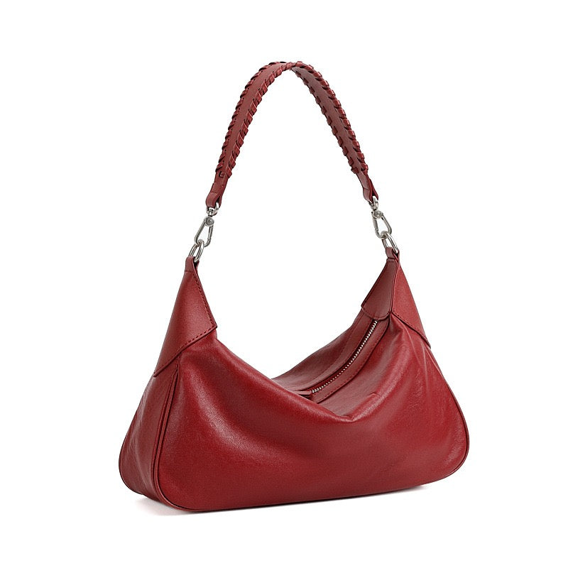 Braided-Handle Genuine Saddle Leather Hobo Bag for Refined Elegance