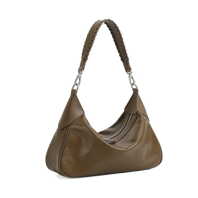 Braided-Handle Genuine Saddle Leather Hobo Bag for Refined Elegance