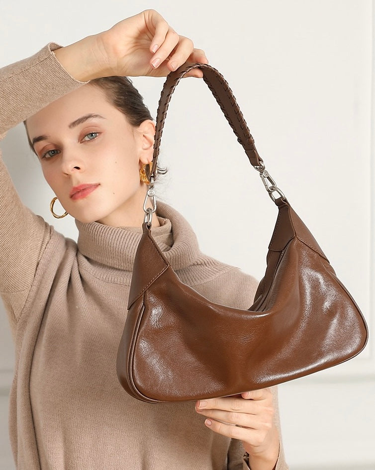 Braided-Handle Genuine Saddle Leather Hobo Bag for Refined Elegance
