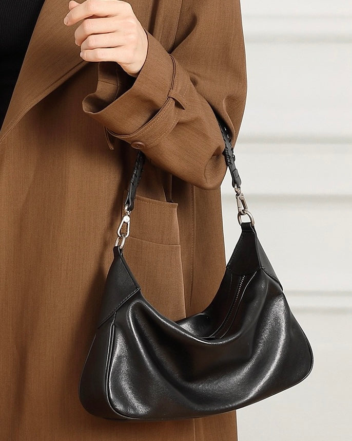 Braided-Handle Genuine Saddle Leather Hobo Bag for Refined Elegance