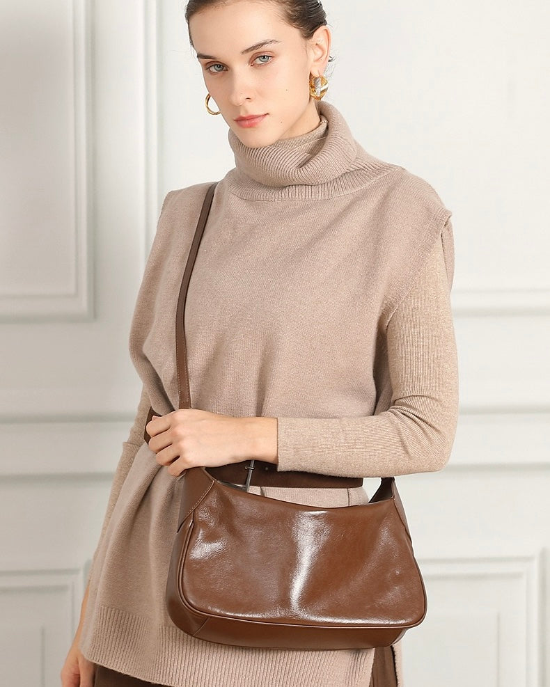 Braided-Handle Genuine Saddle Leather Hobo Bag for Refined Elegance